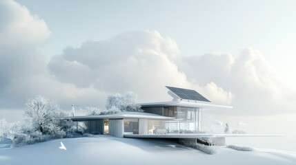 Sticker - Modern Glass House with Solar Panels in a Snowy Landscape