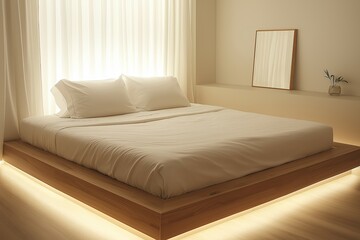 Poster - Modern minimalist bedroom with a bed and soft lighting during the daytime