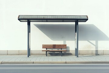 Poster - Empty bus stop with a wooden bench and minimalist design under bright sunlight