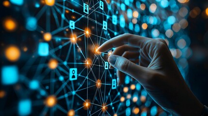 Poster - image depicts hand interacting with digital network structure, symbolizing human resource connections and technology. vibrant blue and orange colors enhance futuristic feel of scene