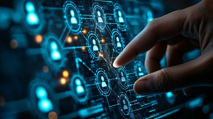 Poster - hand interacts with digital network structure, symbolizing human resource connections and technology. This image captures essence of modern communication and collaboration
