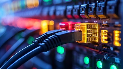 Poster - High tech network cables connected to server, showcasing vibrant lights and intricate details of computer network. image captures essence of information technology and telecommunications