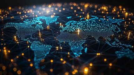 Poster - digital world map illuminated by glowing connections represents global networking and big data analytics. This visualization captures essence of interconnectedness and technology