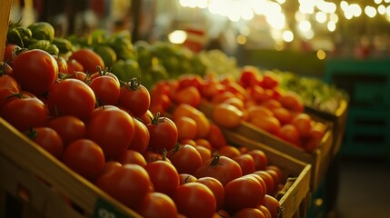 Sticker - Close-up of Ripe Red Tomatoes in Wooden Crate at a Market Stall