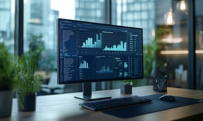 desktop computer monitor with finance statistical data software and progressive user interface stand