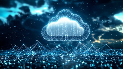 Poster - image showcases digital cloud surrounded by network of data points, symbolizing cloud and edge computing technology. vibrant blue tones create futuristic atmosphere, emphasizing innovation and