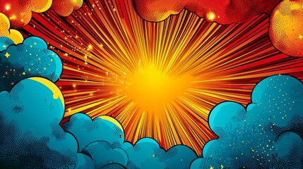 Poster - Bright and vibrant comic style abstract background featuring explosive rays of light emerging from colorful clouds. This dynamic design evokes energy and excitement