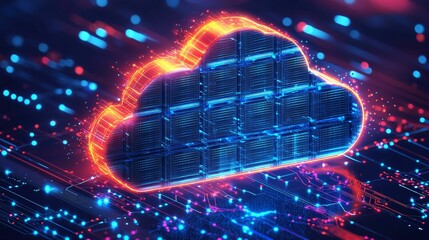 Fototapete - vibrant digital cloud symbolizing cloud storage technology, illuminated with neon colors and surrounded by network of glowing data connections. This image captures essence of modern data management