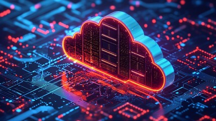 Poster - vibrant digital cloud symbolizing cloud storage technology, illuminated against backdrop of intricate circuit patterns. This image captures essence of modern data management and connectivity