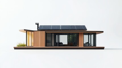 Canvas Print - Modern Wooden House with Solar Panels and Large Windows