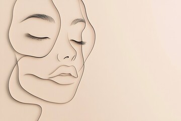 Poster - Flowing lines elegantly form the contours of a tranquil female face, highlighting serenity and simplicity against a muted background. Generative AI
