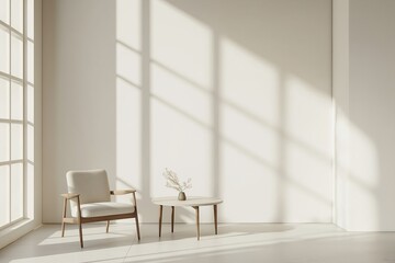 Poster - Cozy minimalist living room with natural light, a chair, table, and decorative plant