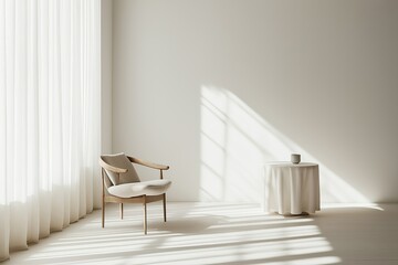 Poster - Minimalist interior featuring a cozy chair and a small table bathed in natural light
