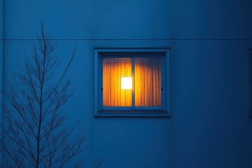 Warm light glowing from a window at dusk surrounded by a tranquil, blue exterior