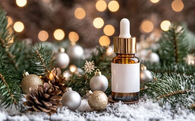 Canvas Print - In the winter evening, a delicate glass dropper bottle is encircled by silver decorations and festive lights