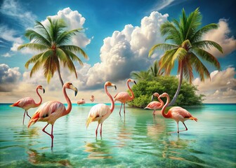 Whimsical vintage collage features flamingos standing in turquoise waters against a sunny sky with fluffy clouds and lush green coconut tree leaves in the foreground.