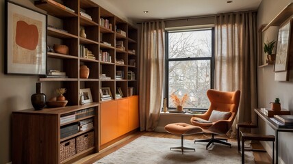 Wall Mural - Cozy reading nook with a warm, earthy palette, featuring a wooden cabinet, modern art, and a soft orange stool for a relaxed atmosphere.