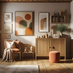 Wall Mural - Cozy reading nook with a warm, earthy palette, featuring a wooden cabinet, modern art, and a soft orange stool for a relaxed atmosphere.