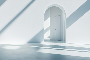 Poster - A minimalist white hallway featuring an arched doorway and soft shadows cast by natural light