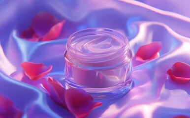 Pink cream is nestled in a delicate glass jar surrounded by rose petals in a softly lit environment