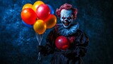 Creepy clown holding balloons with a sinister smile in dark setting