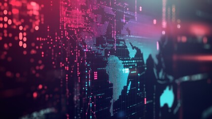 Poster - Abstract digital world map with data visualization elements in vibrant colors.