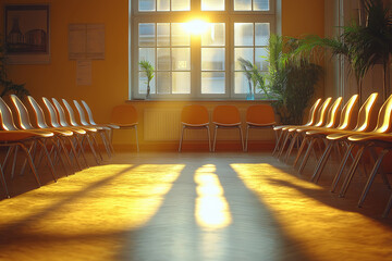 Poster - Sunlight streaming through windows illuminates rows of empty chairs in a warm, serene space