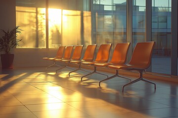 Poster - Warm sunset light streaming through a modern waiting area with orange chairs and a calm atmosphere