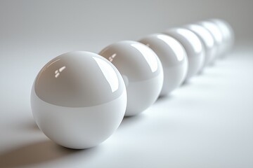 Poster - White spheres arranged in a row on a smooth surface with soft lighting in an indoor setting