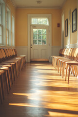 Poster - A sunlit hallway with wooden chairs leading to an open door in a calm setting