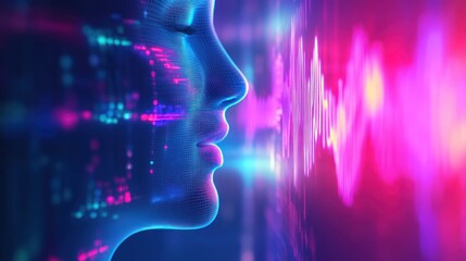 Poster - A digital representation of a face surrounded by vibrant data streams and sound waves.
