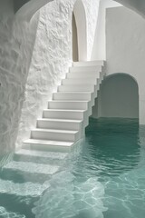 Poster - A serene architectural space featuring white stairs leading to a peaceful water-filled area