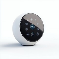 Modern white smart home device with a circular touchscreen and icons.