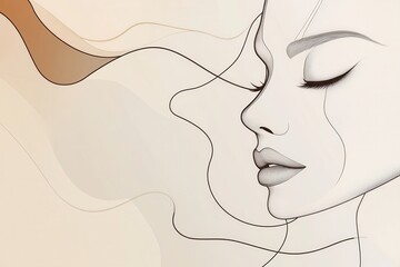 Aufkleber - An elegant representation of a female face, illustrated with flowing lines that convey tranquility and minimalism in art. Generative AI