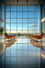 Poster - Modern waiting area with large windows showcasing a clear sky and serene landscape at sunset