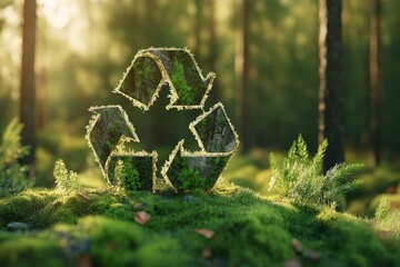 An abstract recycling sign composed of branches, leaves and waste, displayed against a blurred background of a forest.