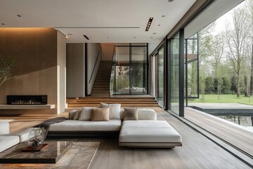 Poster - Modern living room with large windows overlooking a serene garden and staircase