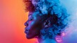 © Soysuwan - Artistic portrait of a woman in profile, illuminated with vibrant blue and pink lighting, surrounded by swirling smoke against a colorful background.