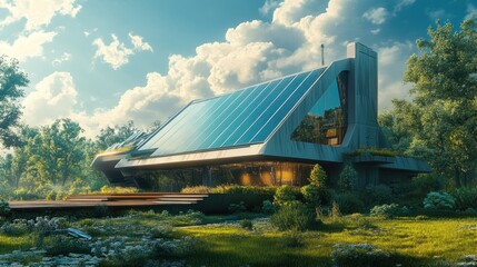 Canvas Print - Modern House with Solar Panels in a Lush Forest Setting