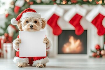 small dog in a santa outfit holding a blank poster, with a festive fireplace and holiday decor behin