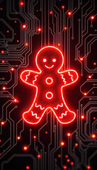 Poster - glowing red neon gingerbread man on dark circuit board background festive xmas christmas holiday technology concept vertical format