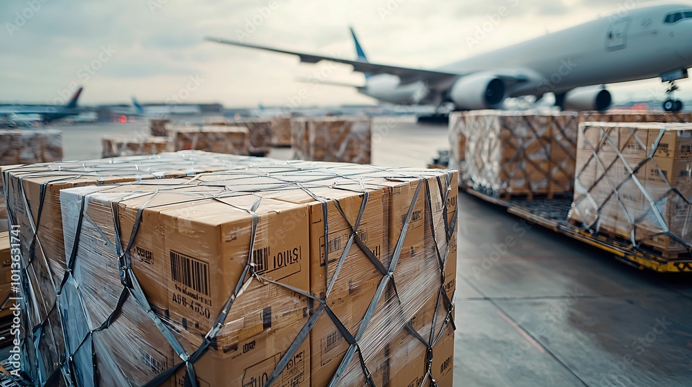 Transporting Cargo Cargo airplane transporting freight with stacked boxes ready for ...