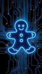 Poster - neon blue xmas christmas gingerbread man outline on dark technology background with glowing circuit board pattern vertical format
