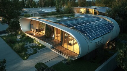 Poster - Modern Curved House with Solar Panels and a Wooden Deck