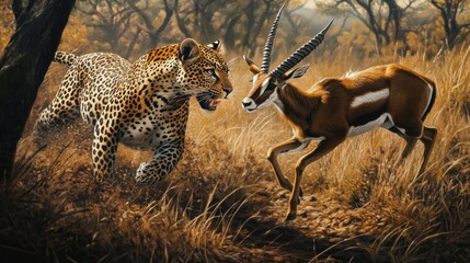 Sticker - A Leopard Stalking a Thomson's Gazelle in the African Savanna