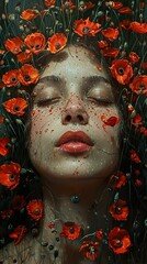 Wall Mural - Woman Surrounded by Poppies - A Dreamy Floral Portrait