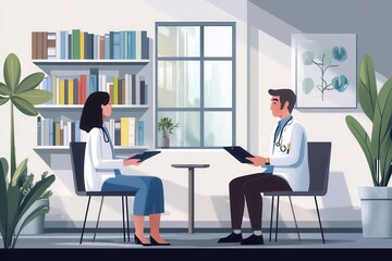 Aufkleber - In a well-lit consultation room, a doctor explains a diagnosis to a patient seated across from them, surrounded by plants. Generative AI