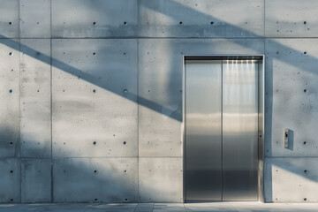 Sticker - A silver elevator door is standing in front of a concrete wall