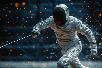 Dynamic fencing duel in a dramatic atmosphere with sparks flying in a dark arena