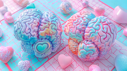 two pastel-colored abstract brain models with heart designs, set against a geometric background, sym